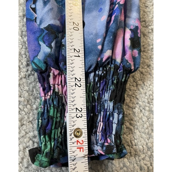 Disigual Floral Pleated Blouse S Blue Purple Long Sleeve Smocked Pullover Boho - Picture 9 of 12